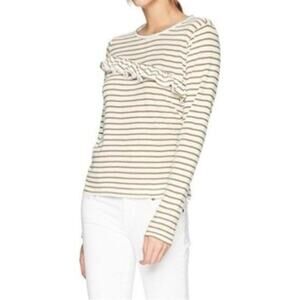 NEW LUCKY BRAND Cream/Green Asymmetrical Ruffle Striped Long Sleeve Tee Large